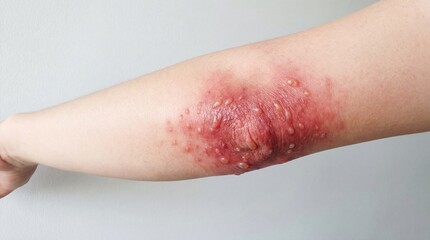 Fototapeta premium Close-up of a person's arm with shingles rash and blisters on skin