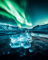 Northern lights illuminating a frozen lagoon with ice formations, snow-covered mountains, and starry night sky in a dramatic Arctic landscape