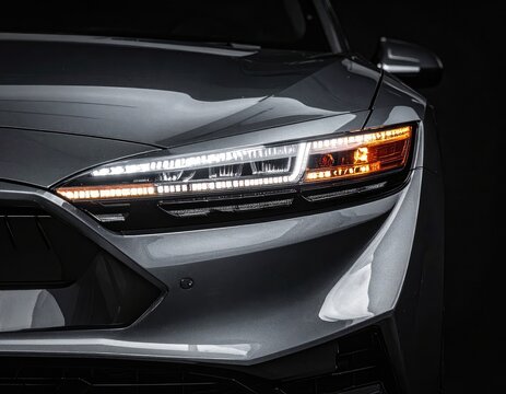 Detailed close-up of a modern car's LED headlight assembly.