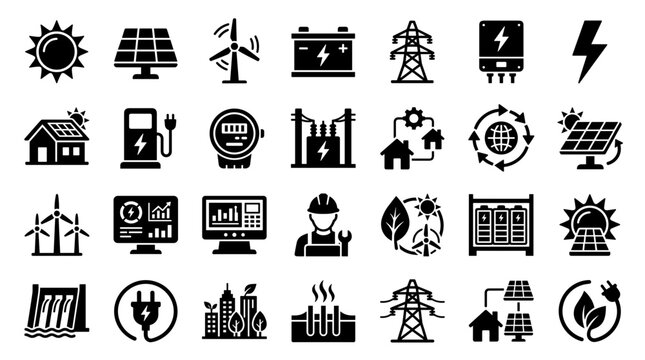 Renewable energy icons collection representing solar wind hydro geothermal and battery power for sustainable electricity generation and eco friendly technology