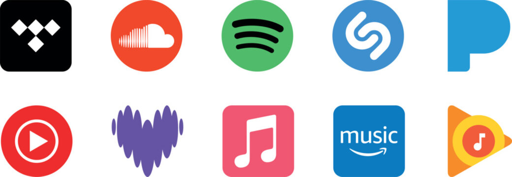 Set of popular icon for music application, social media logos of Smule, Car play, podcast, youtube, spotify, shazam, itunes, deezer, SoundCloud. Circle icon