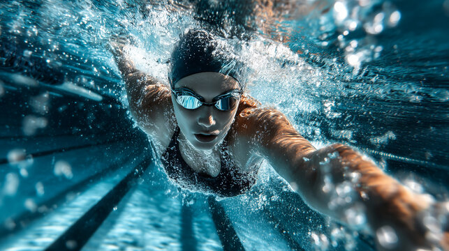 Underwater view of a competitive female swimmer powering through a lap, capturing motion, bubbles, and athletic strength in a clear blue pool.