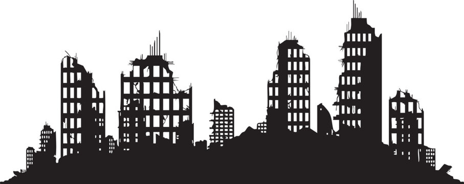 Black silhouette of a destroyed city skyline with tall buildings ruins