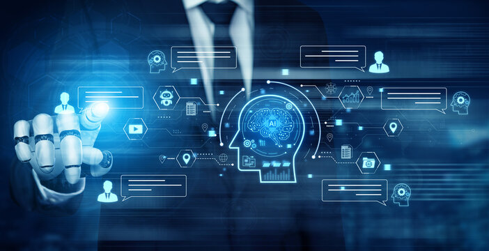 Artificial intelligence AI chat message concept linking users, knowledge base, search and analytics to provide automated NLP data support and informed business decisions, tech model training. Corpus