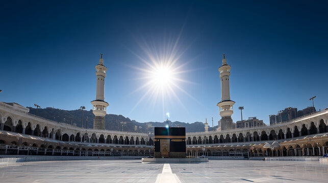 Wide aerial view of the Kaaba at Masjid al Haram in Mecca, surrounded by pilgrims performing tawaf, showcasing Islamic spirituality and sacred architecture.