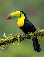 Obraz premium A Keel-billed Toucan perched on a moss-covered branch.