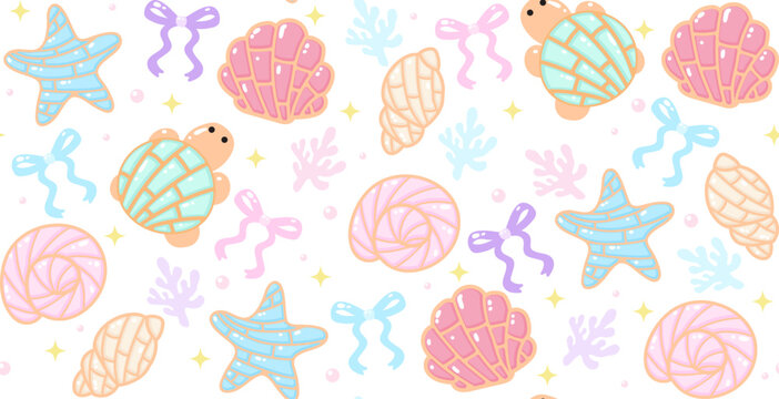 Cute pastel coastal concha pan dulce bread seamless pattern