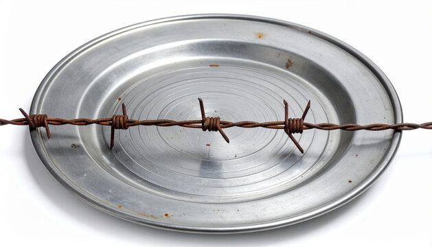 Barbed wire tied across a metal plate on a white background, symbolizing food scarcity and conflict.