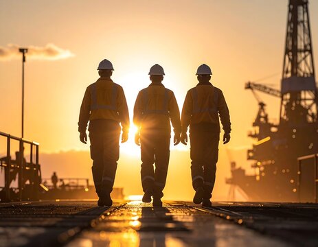 Three workers walk away towards the sunset, offshore platform in background