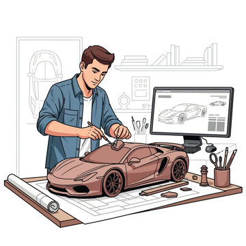 Man designing a sports car model in a studio