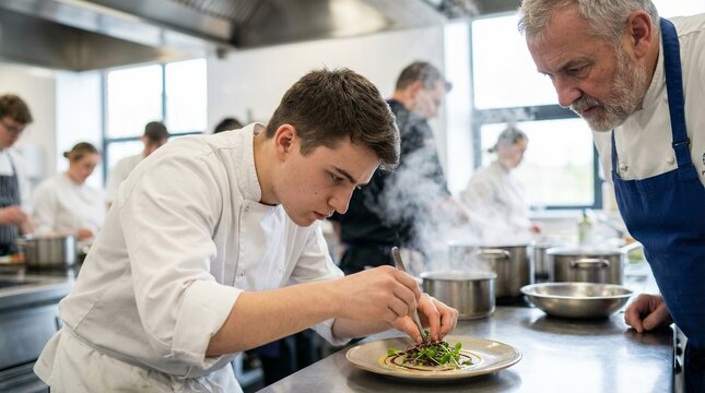 Candid Shot of Culinary Student Plating Gourmet Dish as Chef Evaluates