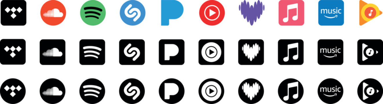 Apple music, spotify, youtube music, soundcloud, deezer, tidal, amazon music. - Collection of popular music streaming services. Editorial vector illustration.