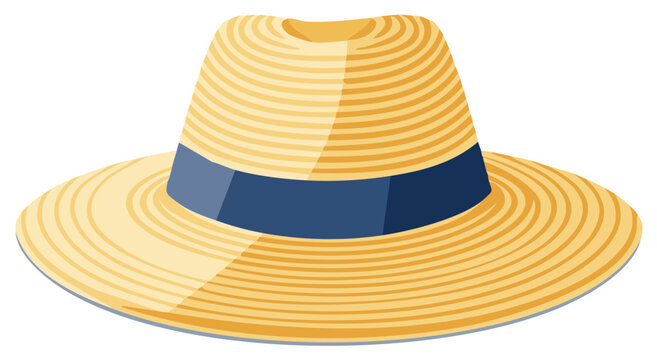 Vector illustration of a classic straw sun hat with a blue ribbon band for summer vacation