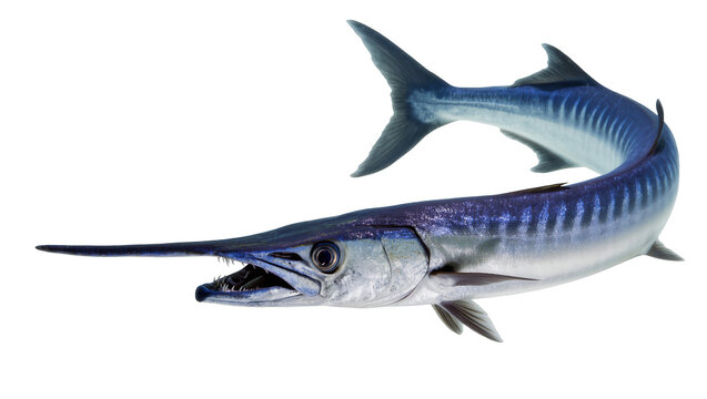 Powerful silver and blue barracuda fish with open mouth and sharp teeth