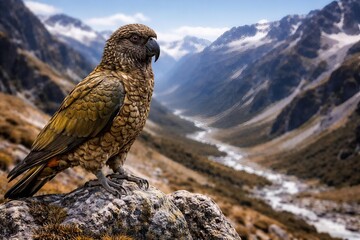 Fototapeta premium kea parrot perched on rocky outcrop overlooking alpine mountain valley