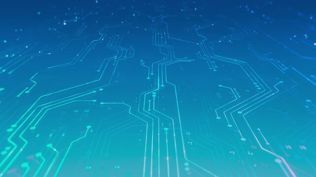 Seamlessly Loopable Animation with Printed Circuit Board Pattern on Blue Gradient. Modern Abstract Technology themed Background with Lines and Motherboard Traces. Concept: Innovation in Electronics