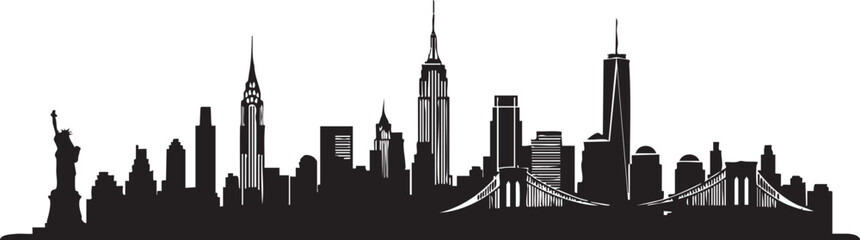 Fototapeta premium Black silhouette of New York City skyline with iconic buildings and Statue of Liberty