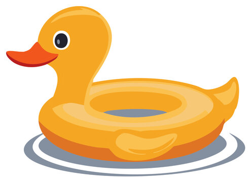 Inflatable yellow duck pool float swim ring floating in water vector illustration