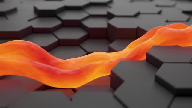 A vibrant orange, molten-like substance flows dynamically across a dark, futuristic hexagonal grid pattern. 
