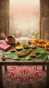 Traditional bengali new year food setup with colorful dishes on banana leaf