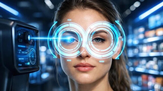 Extreme Close-Up of Human Eye with Futuristic Digital Biometric Iris Scanning Interface &mdash; Cybersecurity Authentication, Contactless Biometric Payment and Advanced Identity Verification Technology 