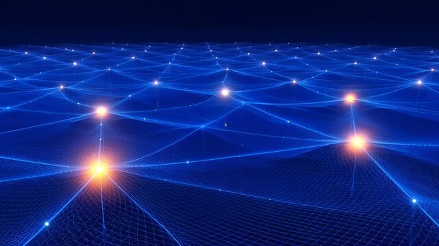 Glowing network node blue grid digital mesh illuminated point futuristic connection abstract technology futuristic blue network grid landscape with glowing connection points conveying digital data