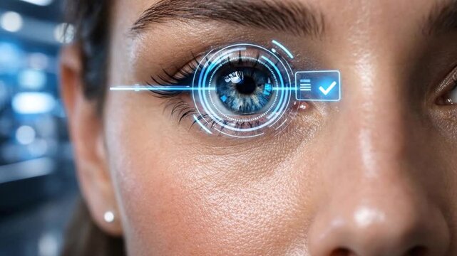 Extreme Close-Up of Human Eye with Futuristic Digital Biometric Iris Scanning Interface &mdash; Cybersecurity Authentication, Contactless Biometric Payment and Advanced Identity Verification Technology 