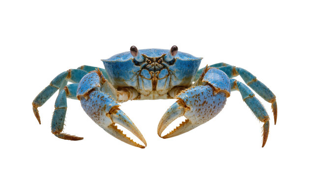 Vibrant blue crab with powerful claws, a striking marine creature on display