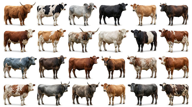 Diverse collection of cattle and cow breeds standing isolated on white background.