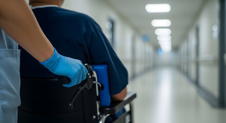 Fototapeta premium Dedicated medical professional provides supportive care, pushing a patient in a wheelchair down a bright hospital corridor, symbolizing commitment to health and recovery