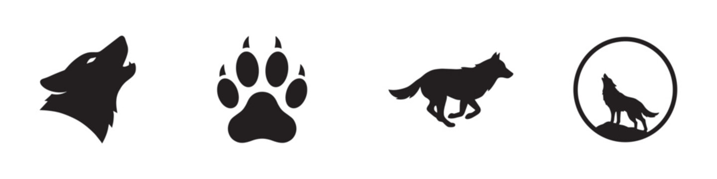 Wolf and Predator Silhouette Icon Set: Howling Wolf, Paw Print, and Running Wolf Vector. Vector Illustration.