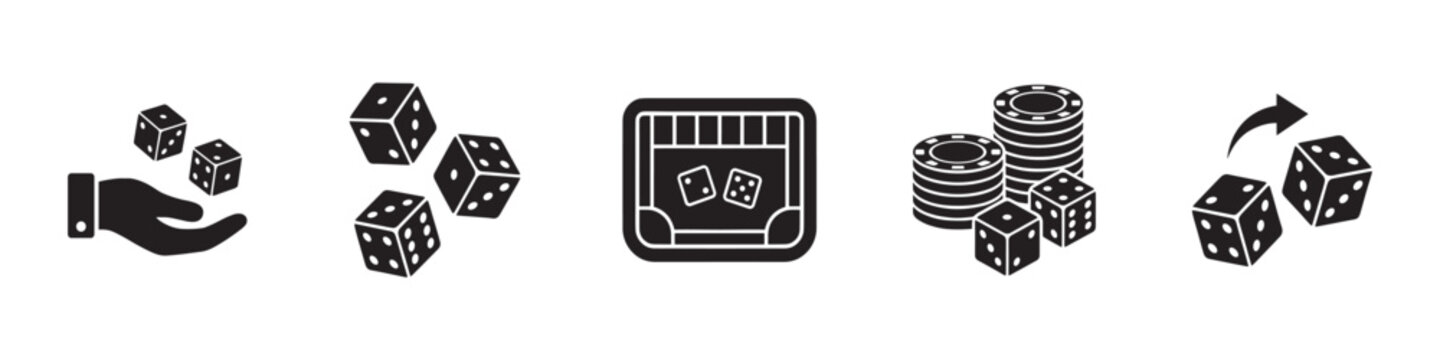 Dice and Gambling Icon Set: Rolling Dice, Casino Chips, and Board Game Elements. Vector Illustration.