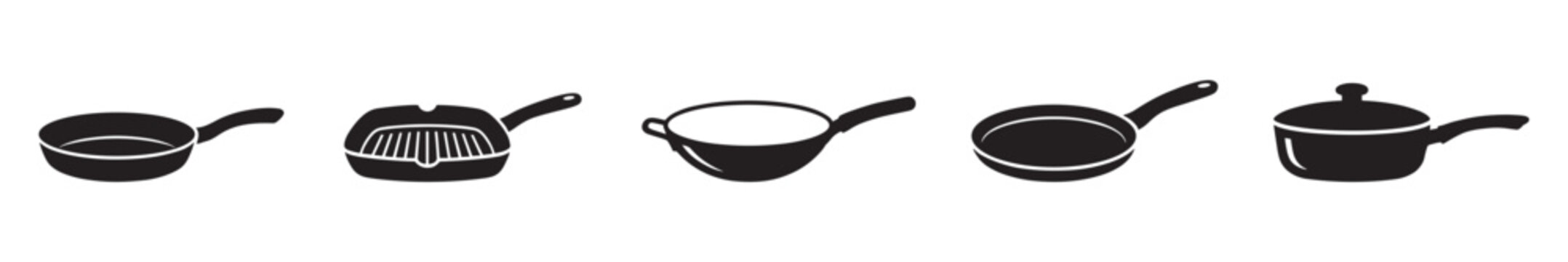 Kitchen cookware icon set with frying pans, wok, and grill pan isolated on white. Vector Illustration.