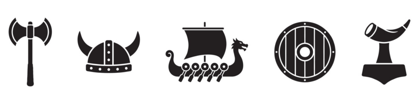 Viking and Norse mythology icon set with axe, helmet, drakkar, and shield. Vector Illustration.
