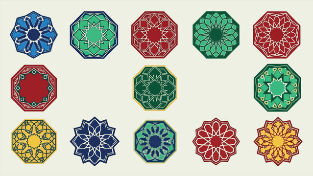 Colorful mandala icons, geometric shapes, octagon designs, floral patterns