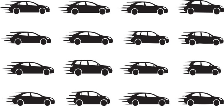 Black silhouettes of speeding cars on white background motion