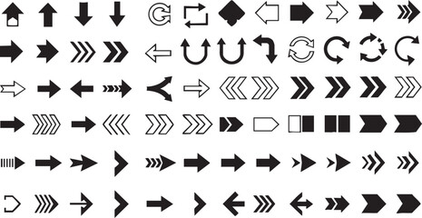 Naklejka premium Black silhouettes of various arrow shapes and symbols on white background arrows