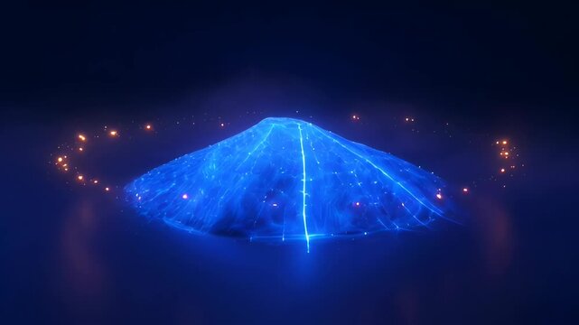Glowing blue digital mountain neon grid sparkling with floating sparks and particle lights, futuristic abstract landscape of glowing blue digital mountain and hill with misty ambient neon grid