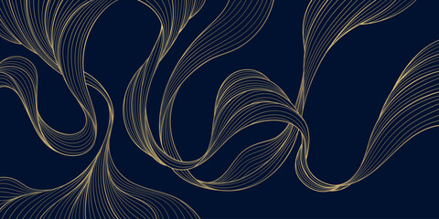 Luxury abstract gold wave pattern with elegant line art, dark background. Japanese and Chinese vector design flowing curves, cloud, water motifs, organic shapes, smooth silk texture. © marylia17