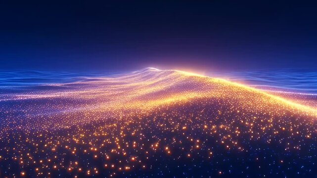 Glowing particle landscape of rolling light waves in blue and gold fused with glowing blue digital wave field and bioluminescent digital terrain of sparkling particles and warm futuristic light