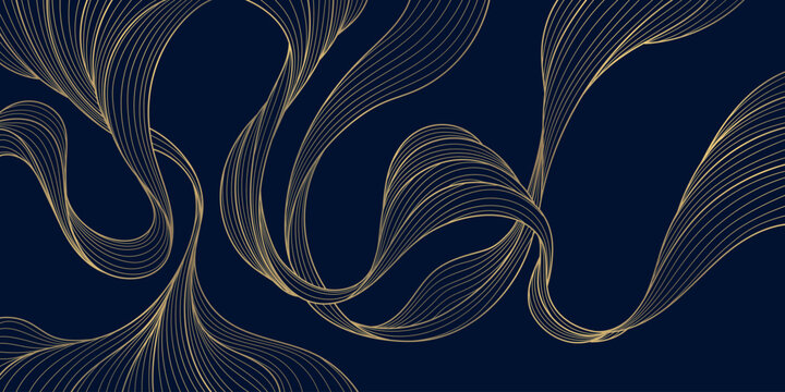 Luxury abstract gold wave pattern with elegant line art, dark background. Japanese and Chinese vector design flowing curves, cloud, water motifs, organic shapes, smooth silk texture.