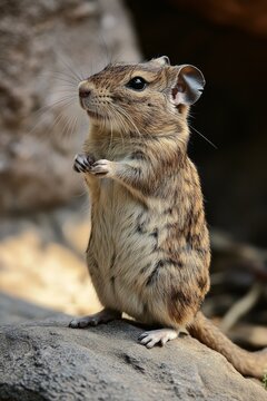 Small degu stands on hind legs and looks around in its habitat during the afternoon in a natural setting