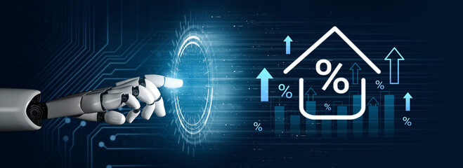 Naklejka premium A robotic hand interacts with a digital interface, featuring percentage symbols and a housing graph, symbolizing the intersection of technology and real estate growth. Gantry