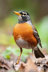 Fototapeta premium An American robin stands upright, showing its bright plumage