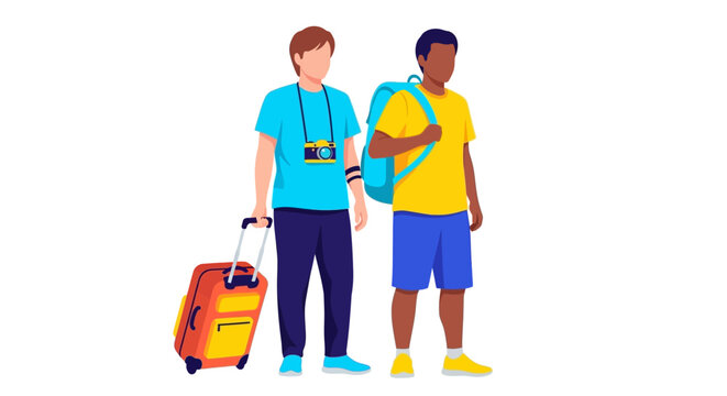 Two diverse friends on vacation, one pulling a suitcase and the other with a backpack, ready for their travel adventures