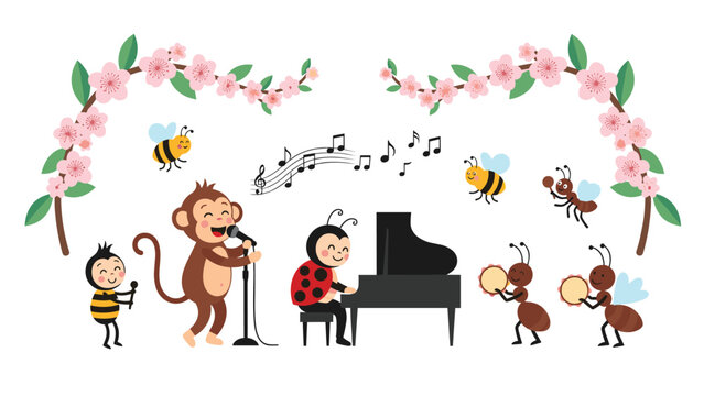 Whimsical scene of a monkey and various insects like bees and ants playing music in a garden under cherry blossom trees.