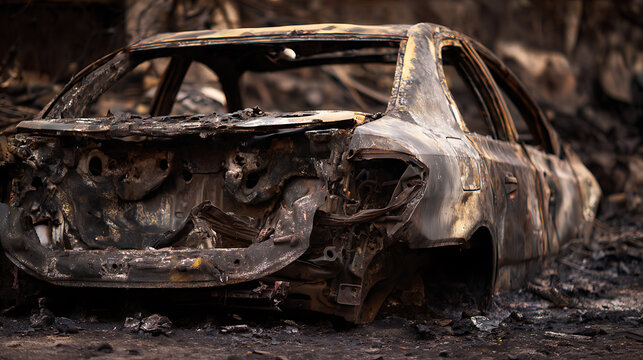 A charred and rusted automobile shell left in a barren, desolate landscape after a destructive event, evoking feelings of despair and ruin