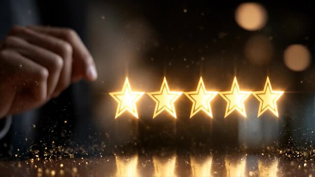 Shining Star Review: Hand gestures over a glowing five-star rating, a symbol of excellence and positive customer feedback. 
