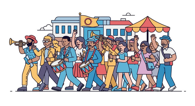 Flat line art illustration of a festive parade, diverse crowd marching with musical instruments and drums, vibrant city street celebration scene