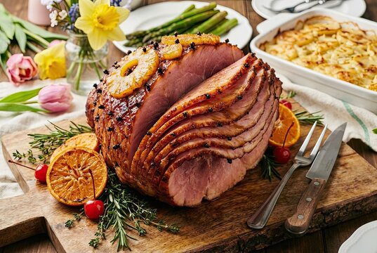 Close-up of a perfectly glazed and garnished Easter ham, ready for carving during a festive holiday meal
